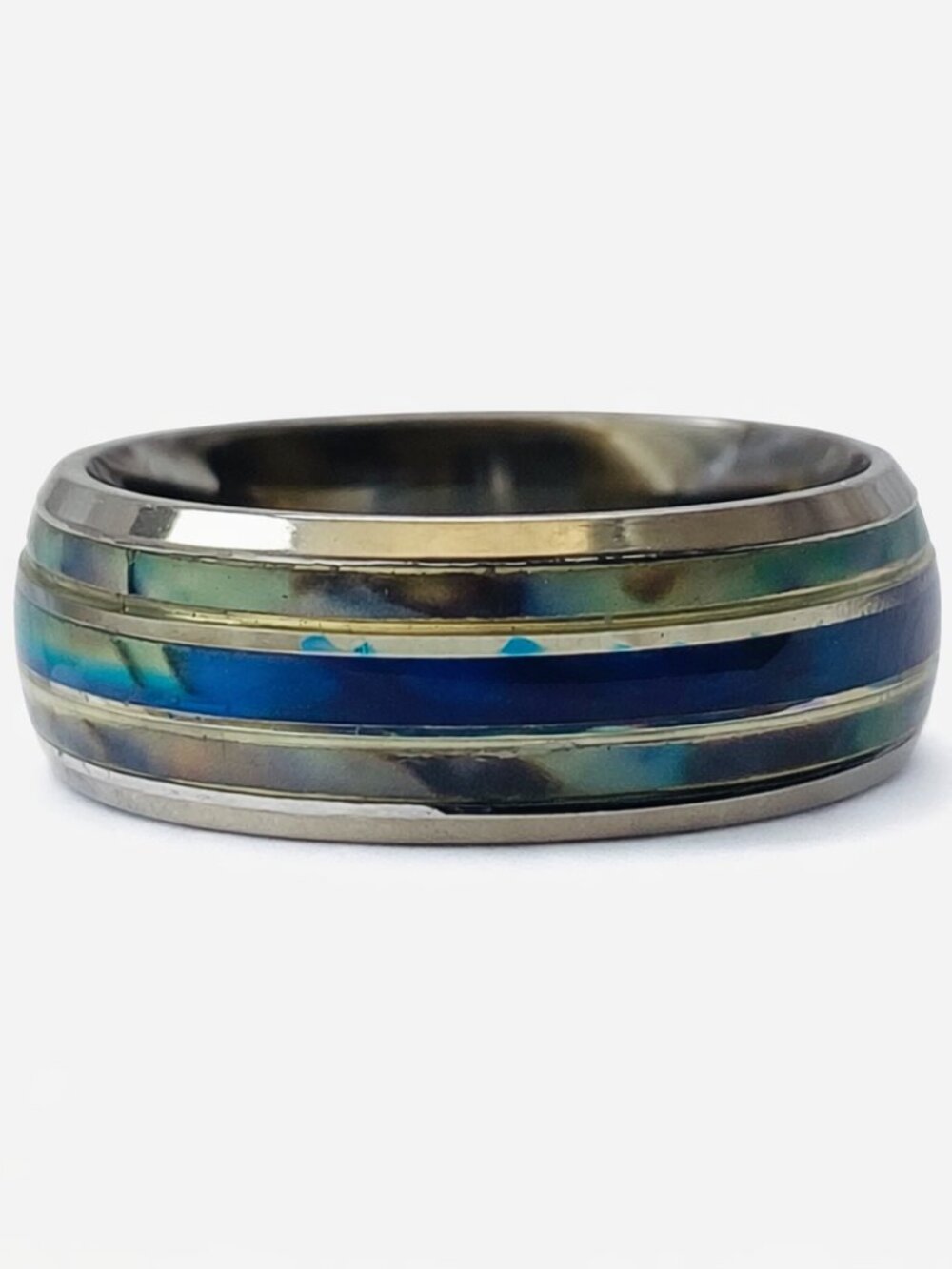 Size 10 Silver Stainless Steel Wedding Band with Blue Abalone Shell Inlay